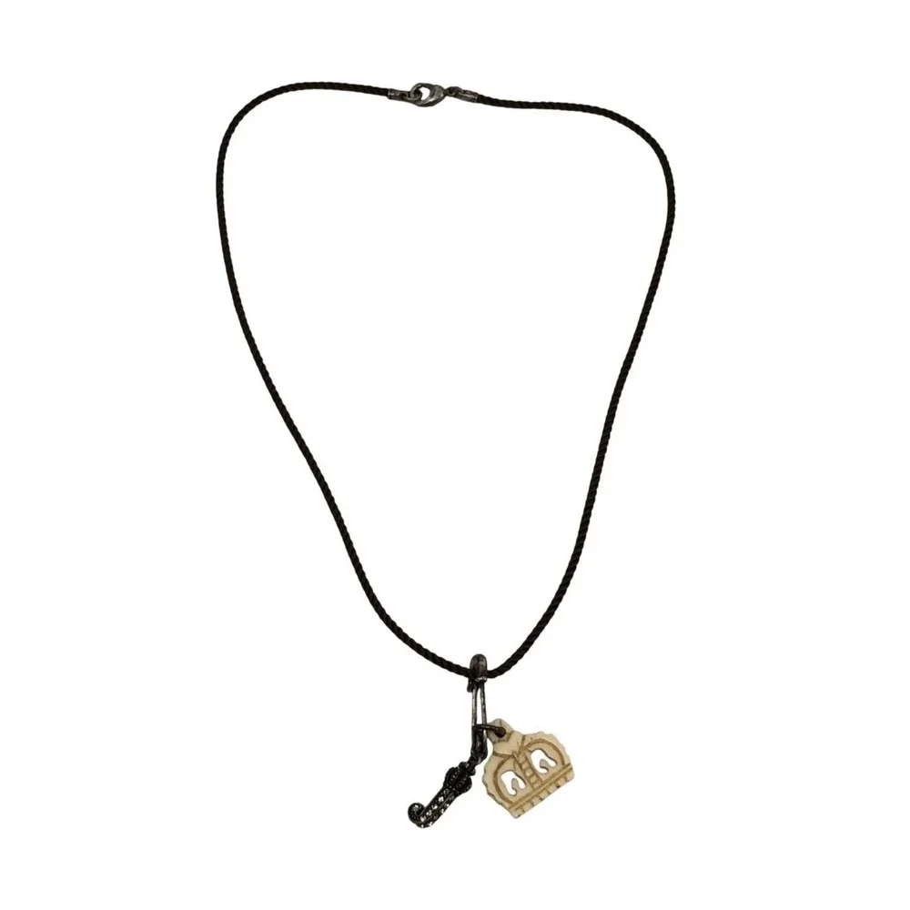Juicy Couture Cord Necklace Safety Pin Crown & Crystal J Charm Pendant Brown